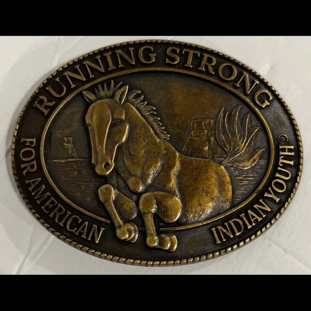 Running Strong for American Indian Youth Belt Buckle with Horse Brass 1996 #7